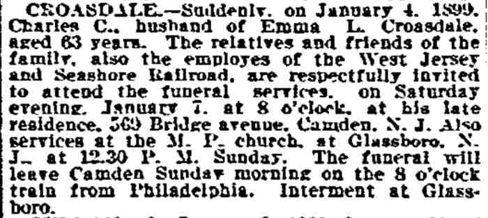 Death Notice — Charles C. Croasdale — Philadelphia Inquirer, January 6, 1899