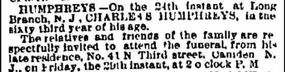 Philadelphia Inquirer funeral notice for Charles S. Humphreys, October 1880