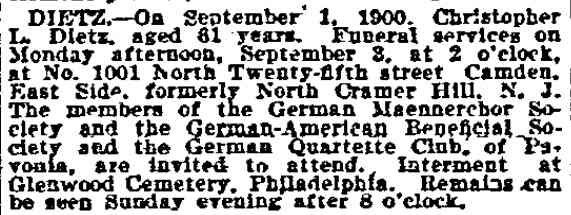 Christopher L. Dietz, 1001 North 25th Street, Philadelphia Inquirer, September 2, 1900