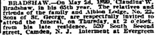 Philadelphia Inquirer, May 31, 1899 — Bradshaw death notice, part 1