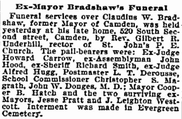 Philadelphia Inquirer, June 2, 1899 — Ex-Mayor Bradshaw's Funeral