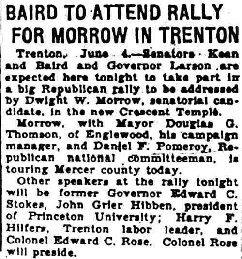 Camden Courier-Post, June 4, 1930 — Baird to Attend Rally for Morrow in Trenton
