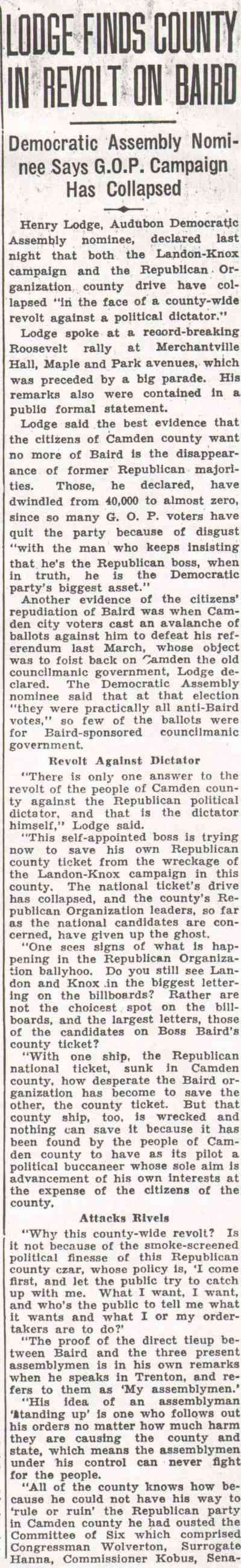 Lodge Finds County in Revolt on Baird, October 28 1936