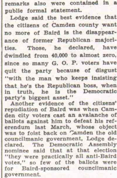 Lodge Finds County in Revolt on Baird (continued)
