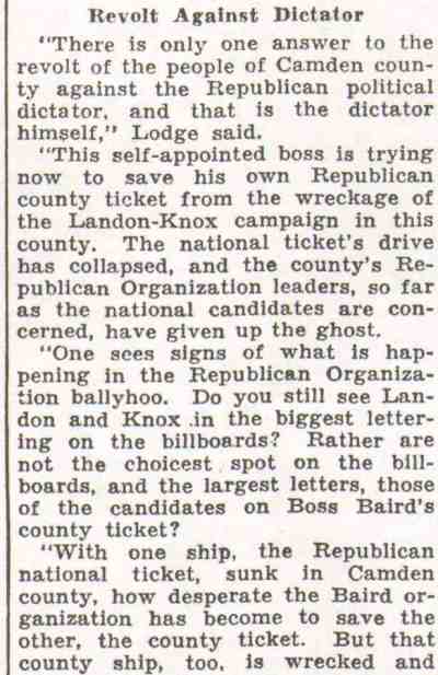Lodge Finds County in Revolt on Baird (continued)