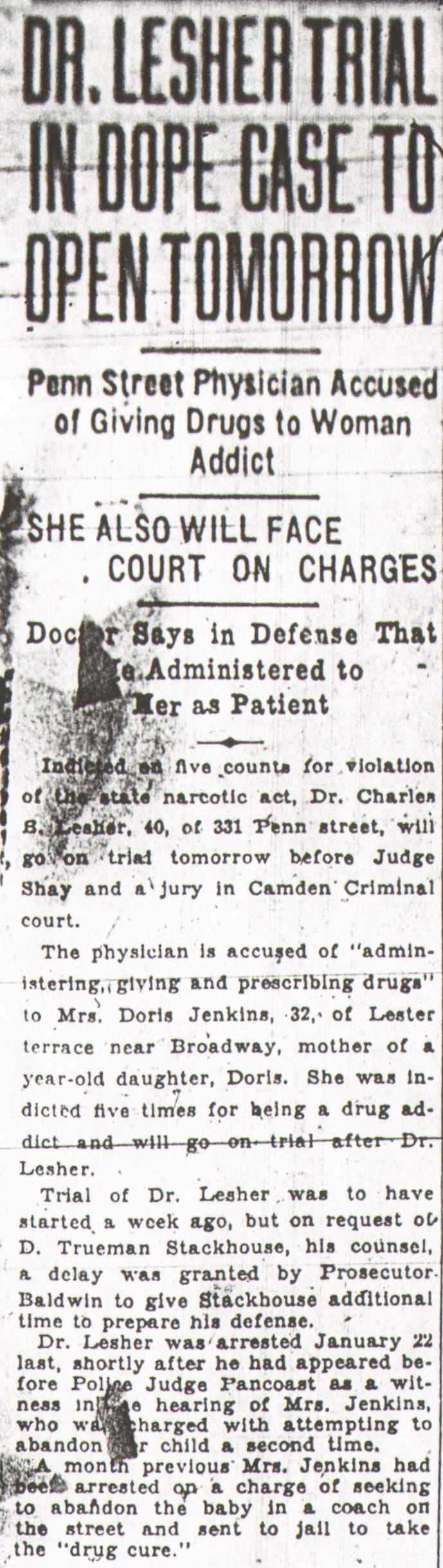 Camden Courier-Post, May 4, 1930 — Dr. Lesher Trial In Dope Case To Open Tomorrow