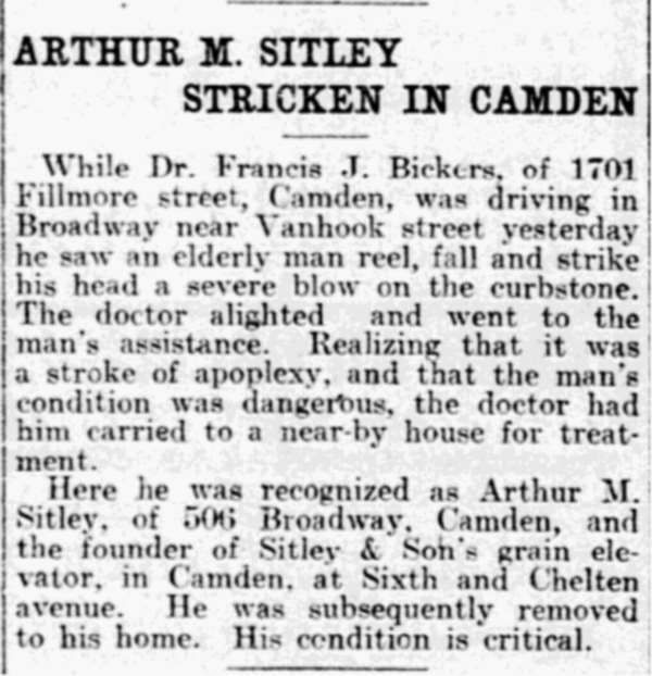 Philadelphia Inquirer, September 21, 1902 — Arthur M. Sitley Stricken in Camden