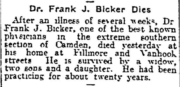 Philadelphia Inquirer, May 25, 1915 — Dr. Frank J. Bicker Dies