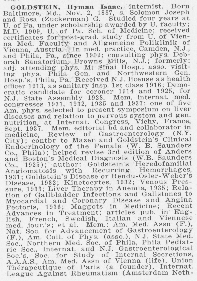 Dr. Hyman I. Goldstein, 1938-1939 Who's Who in American Jewry
