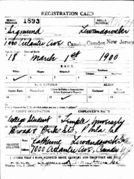 World War I Draft Card for Sigmond S. Lewandowski