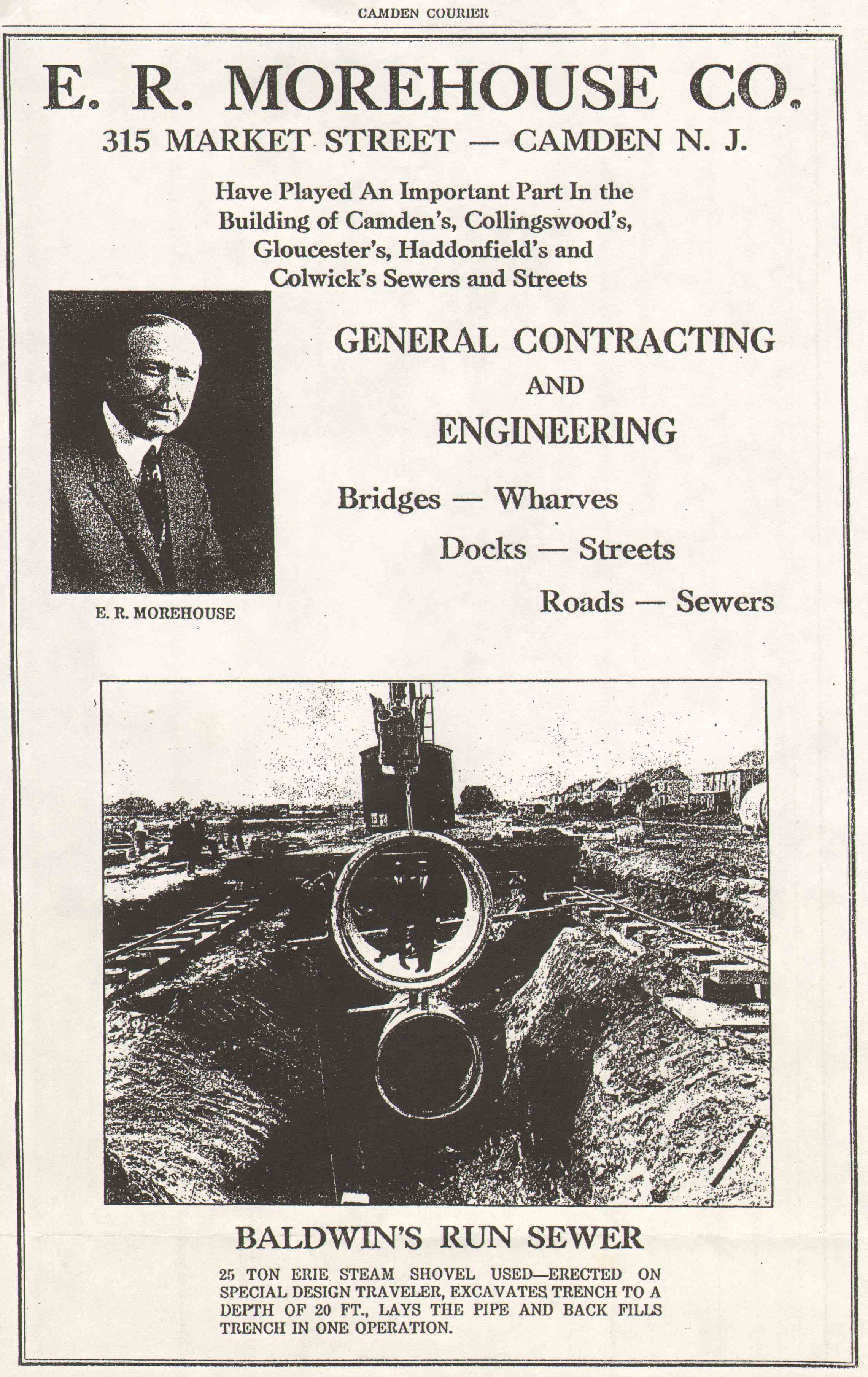 E.R. Morehouse Co. full-page advertisement from Camden Courier, July 1926, with portrait and Baldwin's Run sewer construction photo