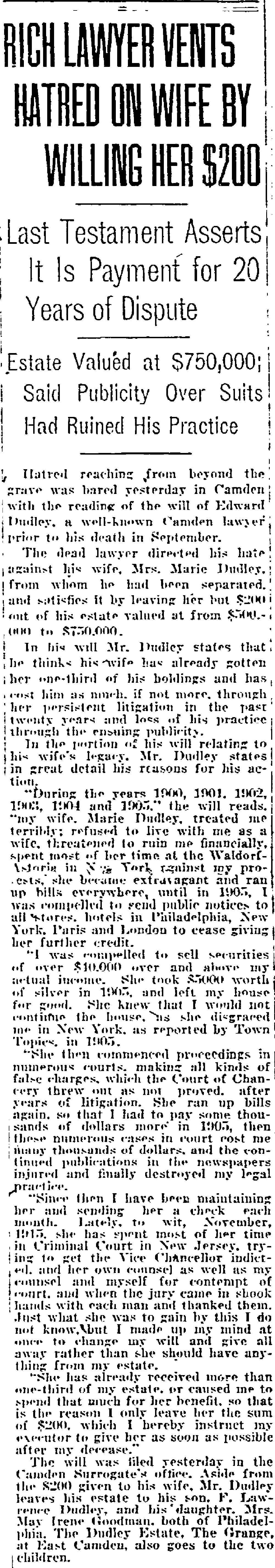 Rich Lawyer Vents Hatred on Wife by Willing Her $200, Philadelphia Inquirer, November 6, 1920