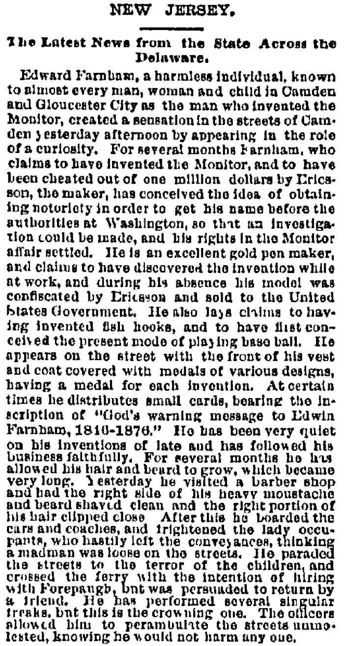 Philadelphia Inquirer article about Edwin Farnham, April 16, 1884