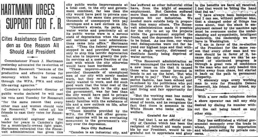 Frank J. Hartmann Jr. newspaper clipping, October 29, 1936