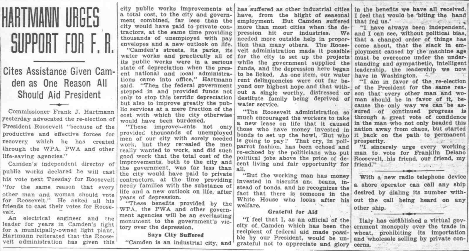 Frank J. Hartmann Jr. newspaper clipping, October 29, 1936