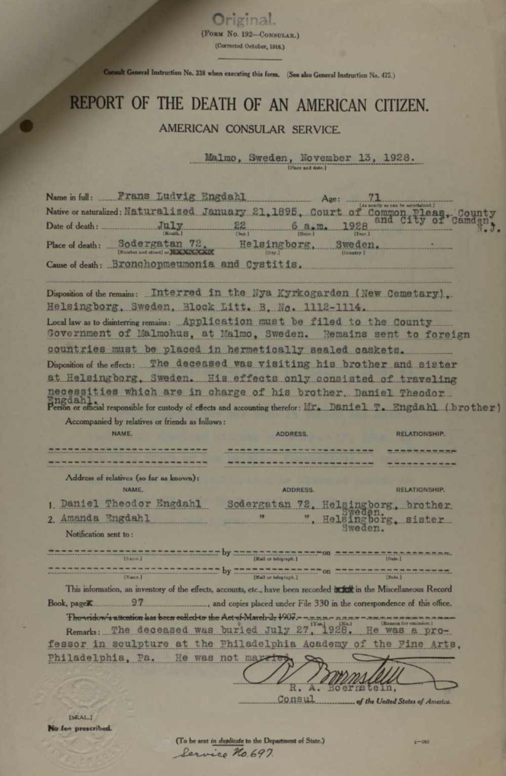Report of the Death of Frans Ludvik Engdahl, American Consular Service, November 13, 1928