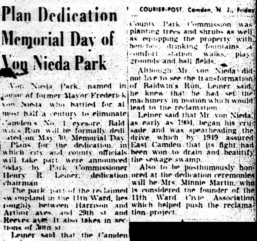 Plan Dedication Memorial Day of Von Nieda Park, Camden Courier-Post May 28, 1950