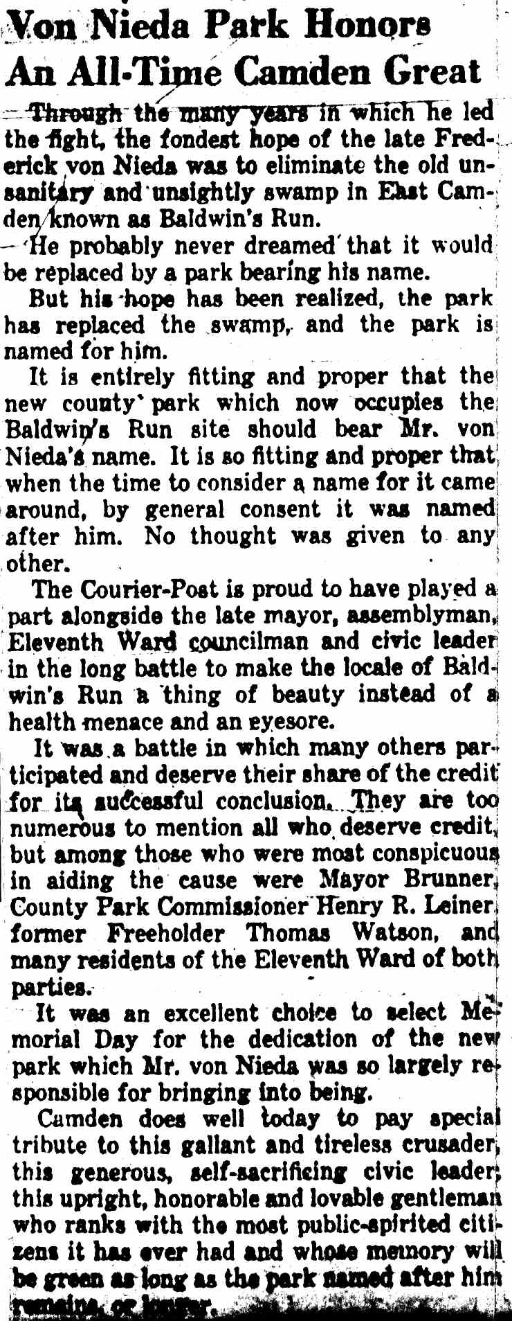Von Nieda Park Honors An All Time Camden Champion, Camden Courier-Post Spring 1950