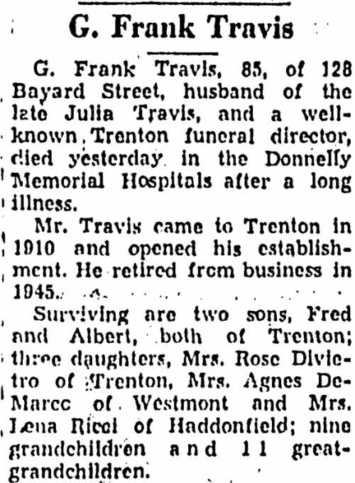 Trenton Evening Times April 13, 1956 — G. Frank Travis obituary