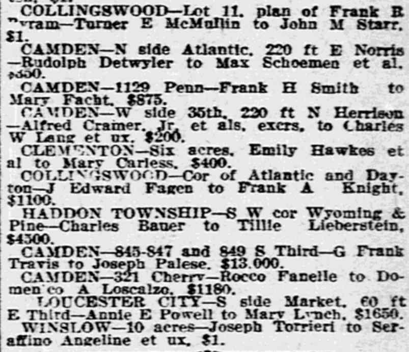 Philadelphia Inquirer November 11, 1914 — Real estate transfers including G. Frank Travis sale