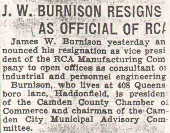 J. W. Burnison Resigns as Official of RCA, Camden Courier-Post, October 29, 1936