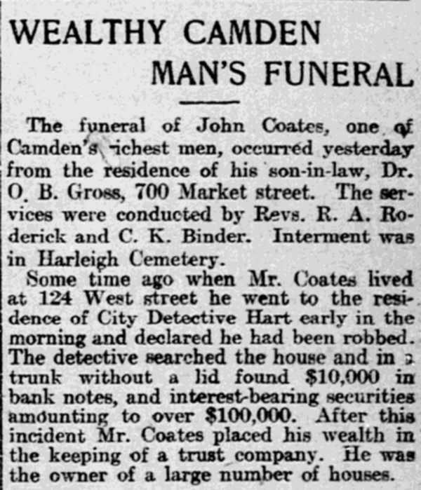 Wealthy Camden Man's Funeral, Philadelphia Inquirer, February 1, 1903