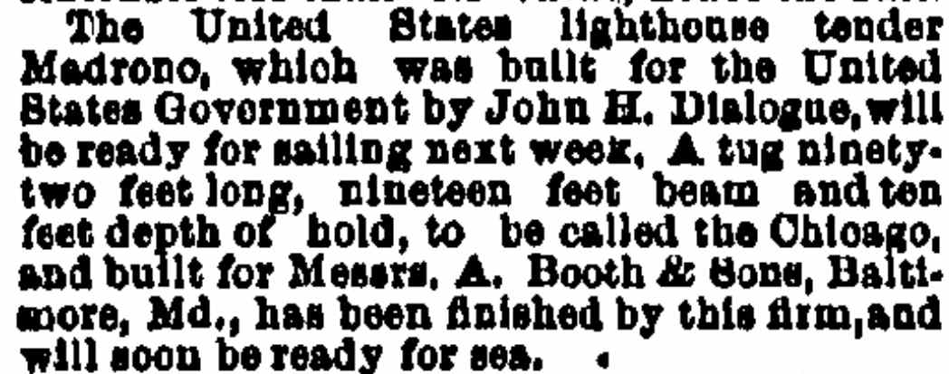 Philadelphia Inquirer, August 15, 1885 — Madrono lighthouse tender and Chicago tug