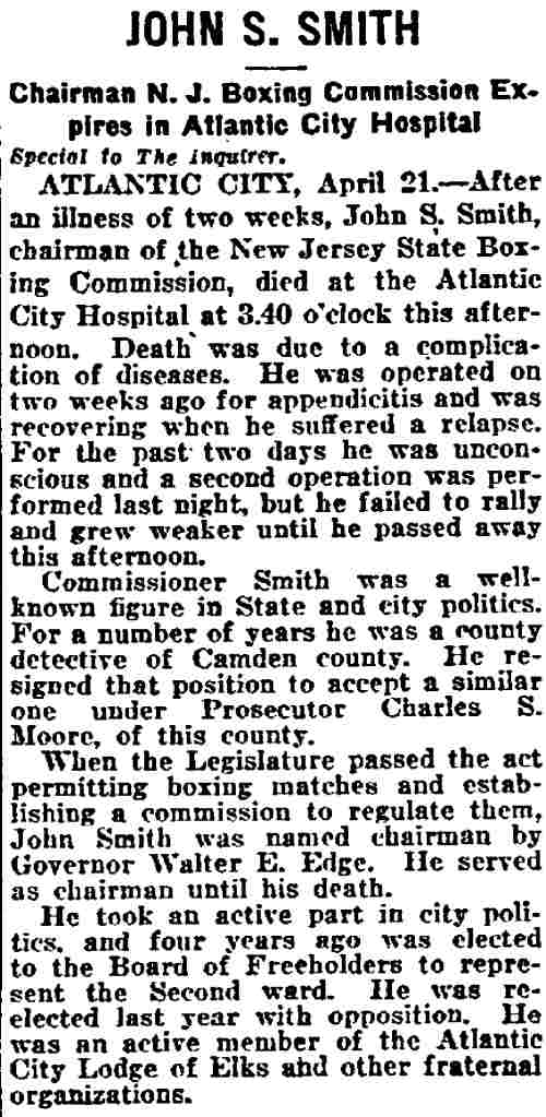 Philadelphia Inquirer, April 22, 1921 — John S. Smith obituary