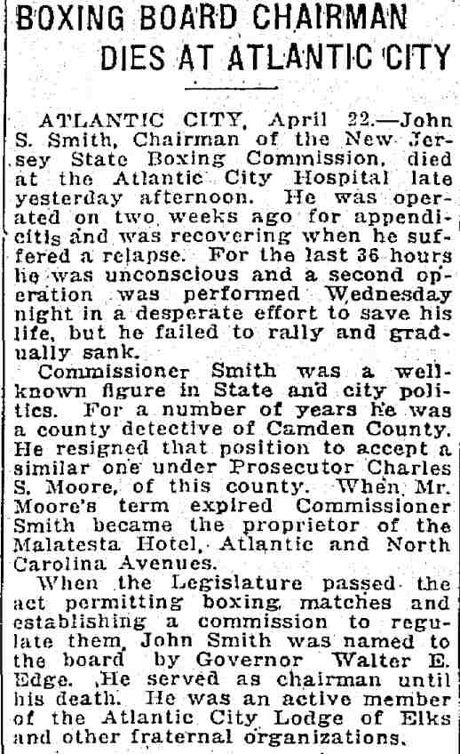 Trenton Evening Times, April 22, 1921 — John S. Smith obituary