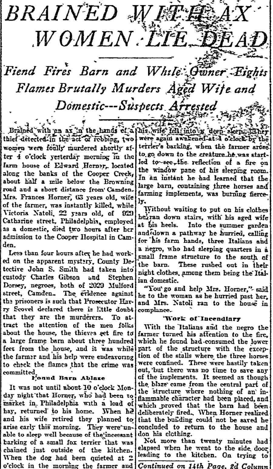 Philadelphia Inquirer, August 21, 1907 — Horner farm murders