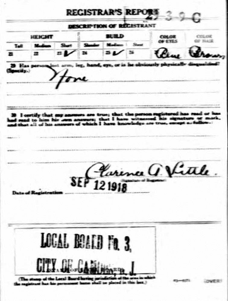 Lawrence Reader WWI draft card, back