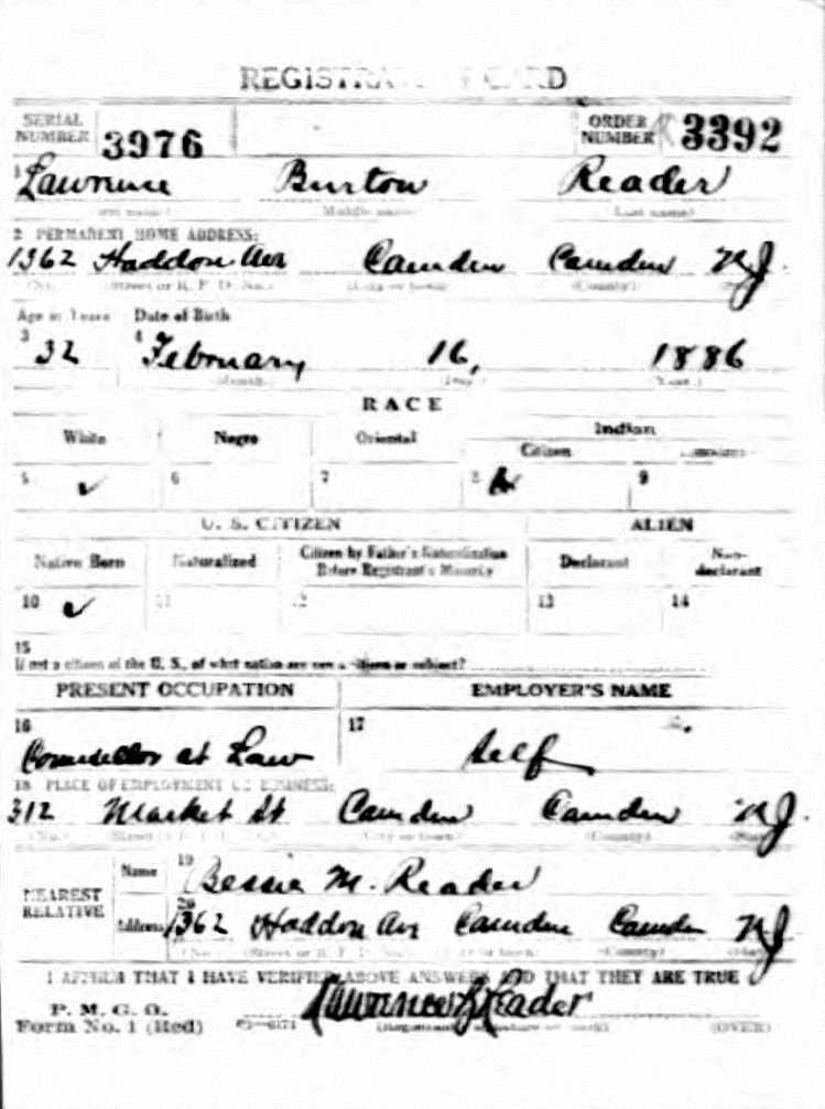 Lawrence Reader WWI draft card, front