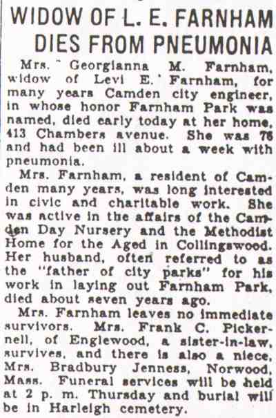 Obituary clipping — Widow of L. E. Farnham Dies From Pneumonia, Camden Courier-Post, August 24, 1931