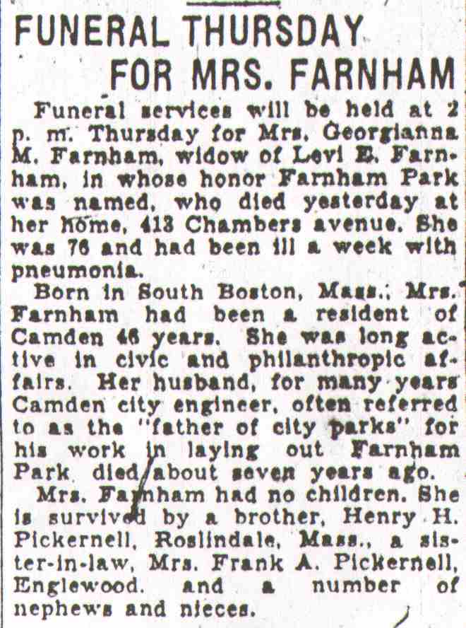 Funeral Thursday for Mrs. Farnham - Philadelphia Inquirer, August 25, 1931
