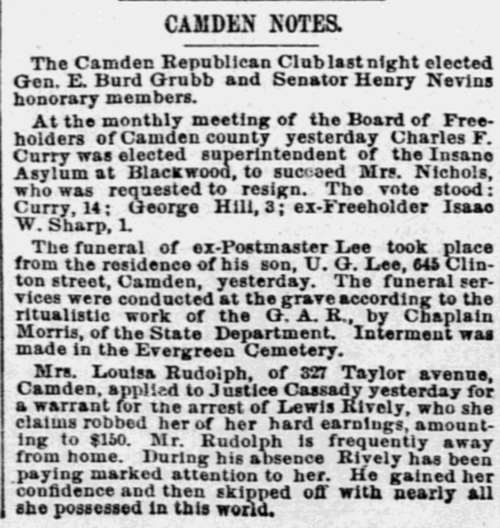 Philadelphia Inquirer clipping, June 13, 1889, Camden Notes — Lee funeral