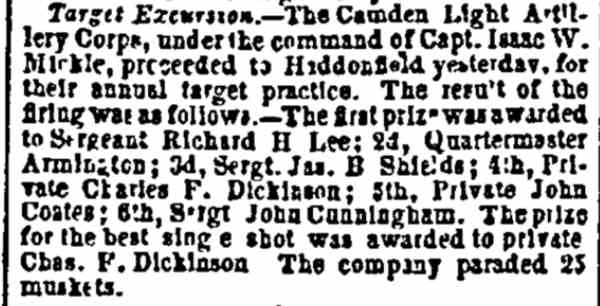 Philadelphia Public Ledger clipping, November 27, 1857, about Camden Light Artillery target excursion