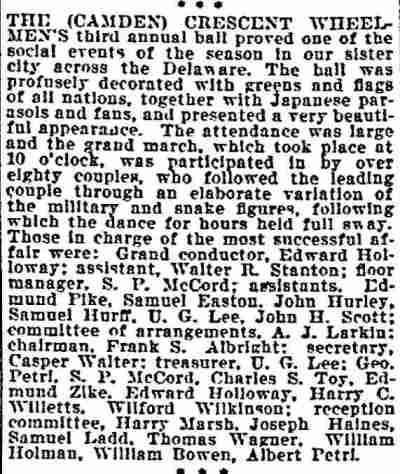 Philadelphia Inquirer, April 15, 1898 — Camden Crescent Wheelmen annual ball
