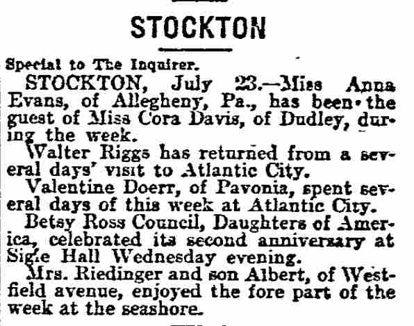 Philadelphia Inquirer, July 24, 1898 — Stockton column mentioning Valentine Doerr