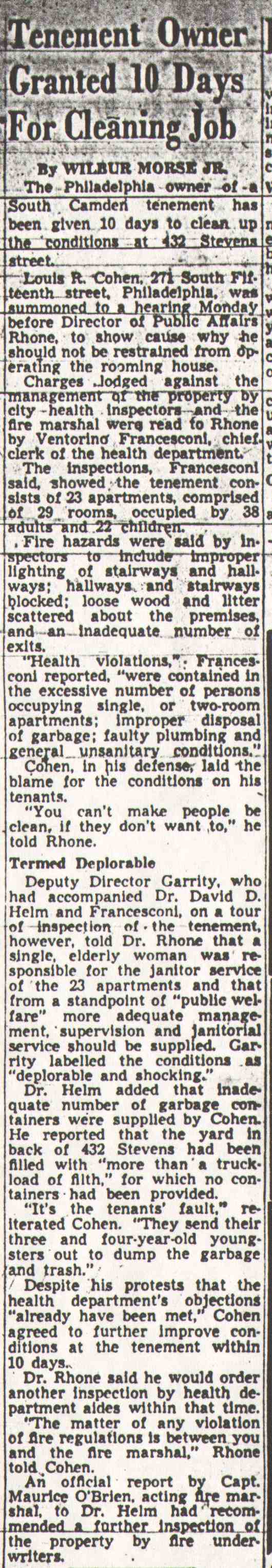 Tenement Owner Granted 10 Days For Cleaning Job, Camden Courier-Post April 15, 1950