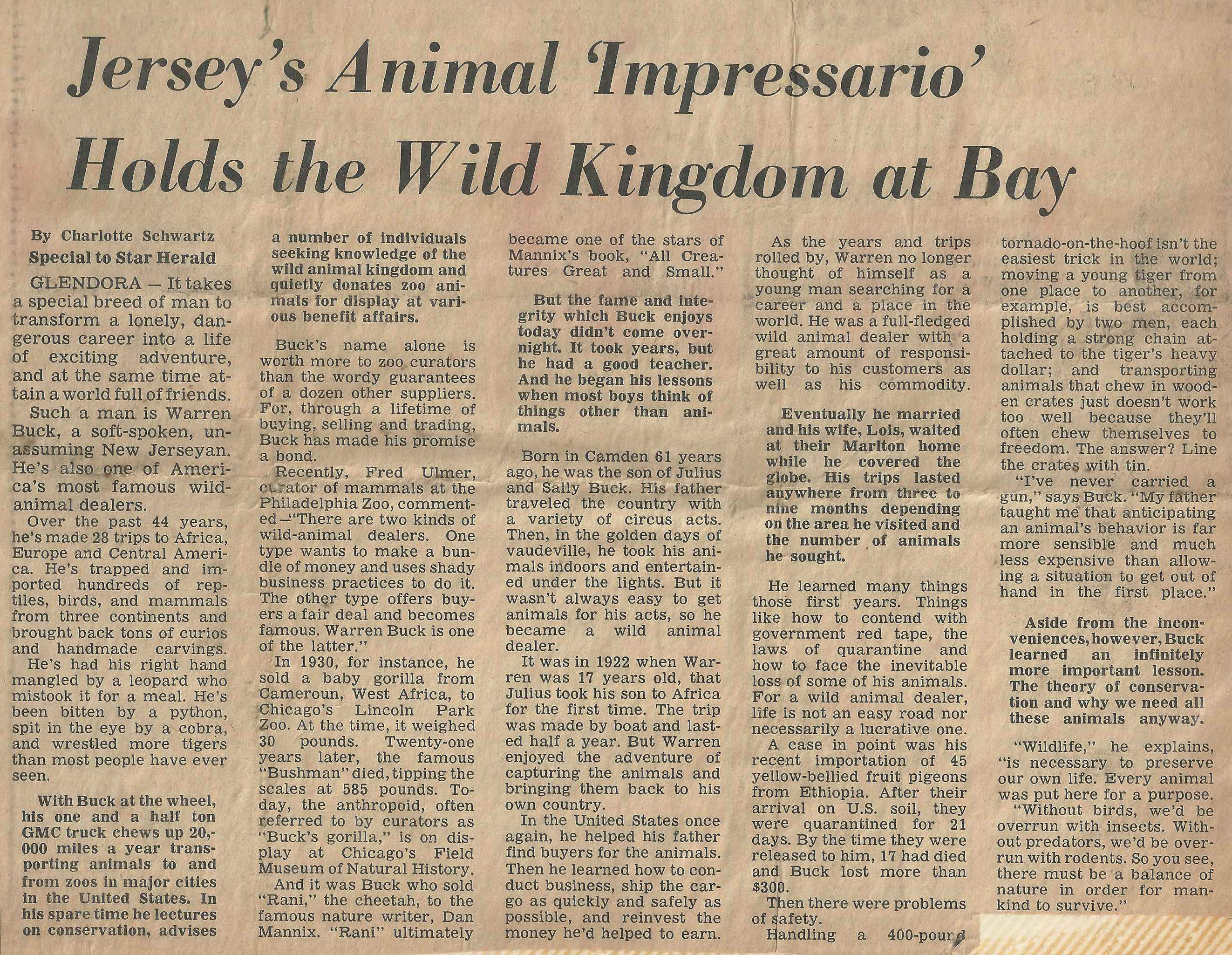 Catholic Star-Herald article, Jersey's Animal Impressario Holds the Wild Kingdom at Bay