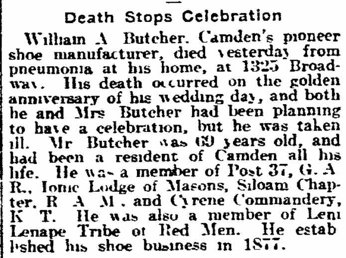 Philadelphia Inquirer clipping: Death Stops Celebration, February 9, 1915