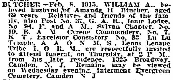 Philadelphia Inquirer death notice for William A. Butcher, February 9, 1915