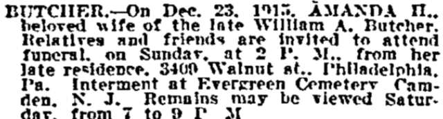 Philadelphia Inquirer death notice for Amanda H. Butcher, December 26, 1915