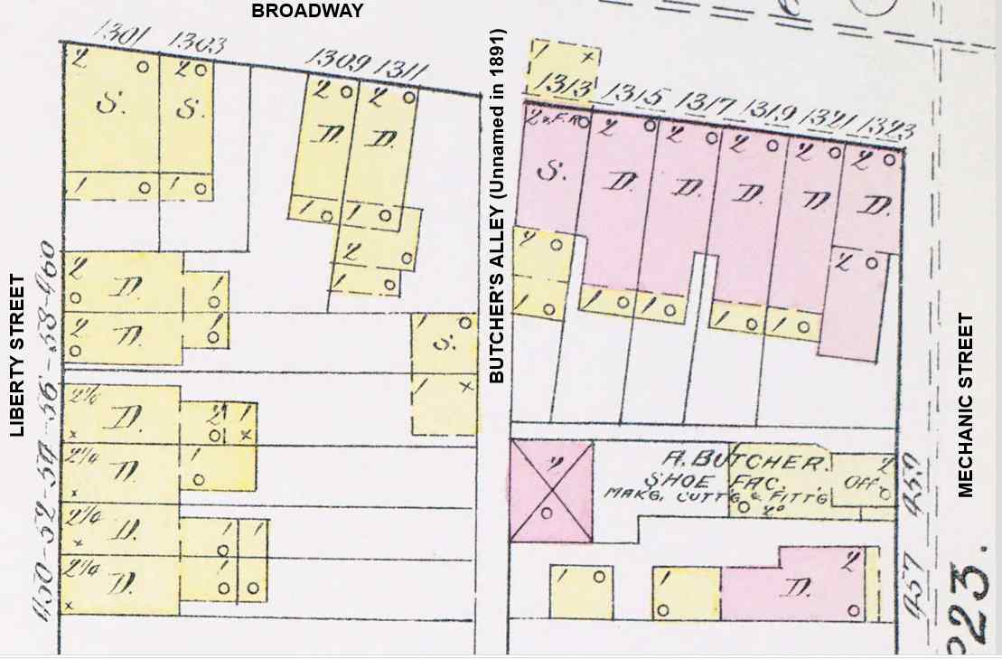 1891 Sanborn Map showing Butcher's Alley (detail)