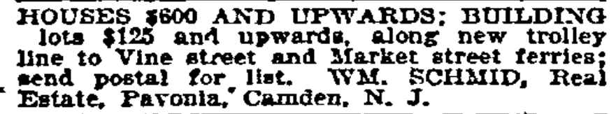 Philadelphia Inquirer advertisement, July 18, 1896 — Wm. Schmid real estate