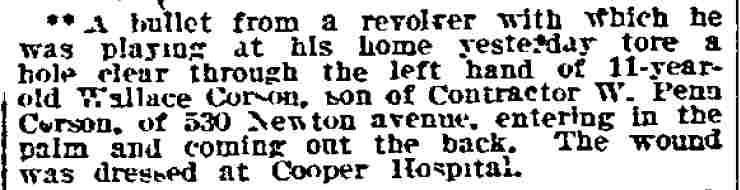 Philadelphia Inquirer February 17, 1912 - Wallace Corson accidentally shot