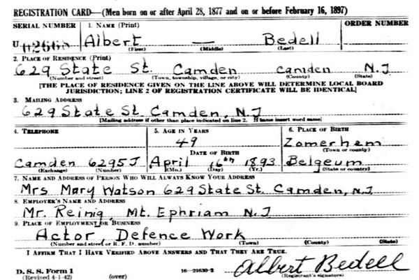 Albert Bedell World War II draft card, April 27, 1942