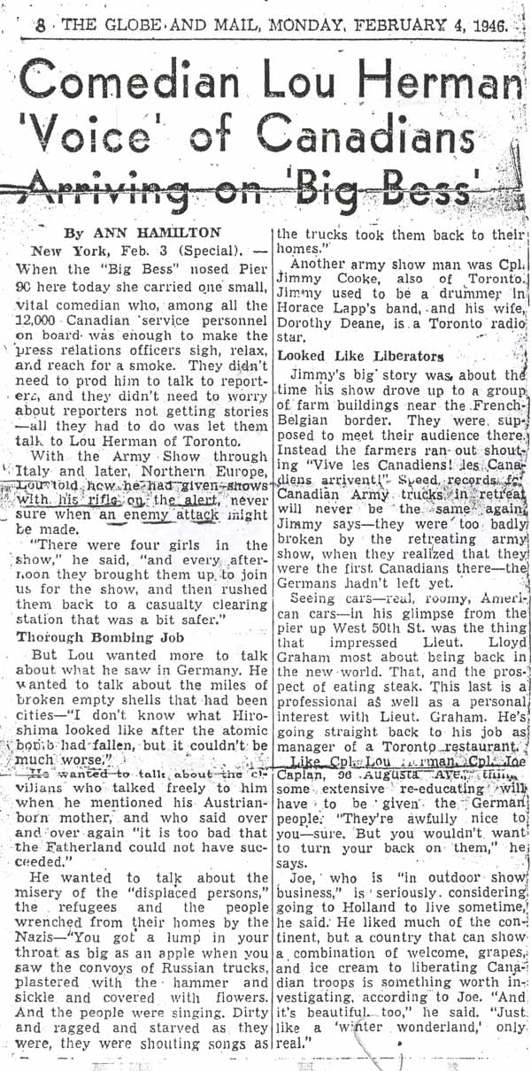 Toronto Globe & Daily Mail, February 4, 1946, featuring Louis Herman
