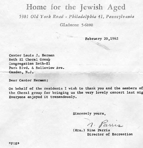 Correspondence regarding Cantor Herman, February 20, 1962