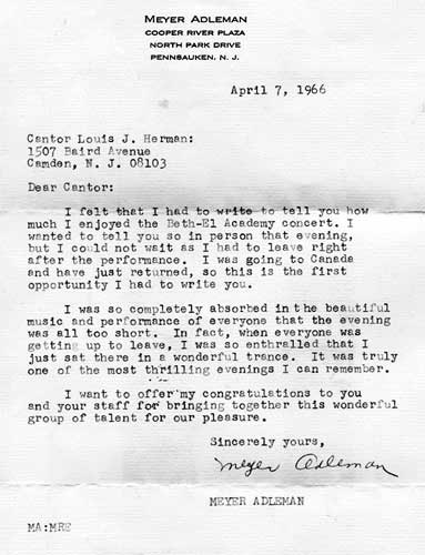 Letter from Meyer Adelman to Cantor Herman, April 7, 1966